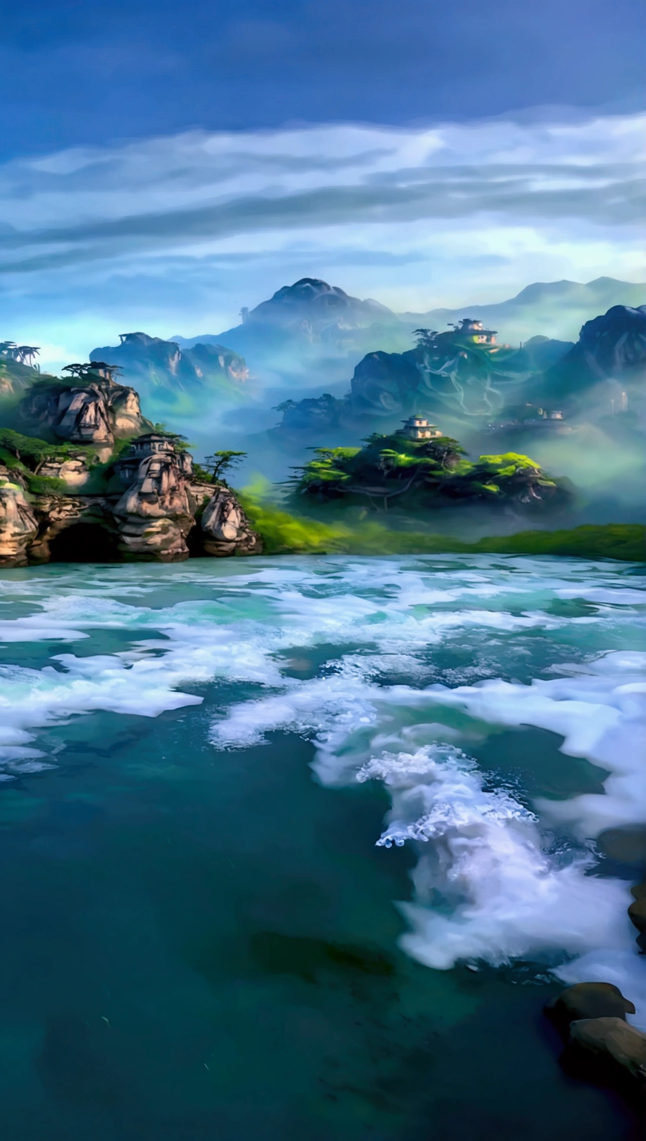 Taking photos in the creek,The stream is clear and flowing,Like the mountains in Zhangjiajie,Mountain tops shrouded in mist,Looming,Sunlight on the mountains,Like a Chinese ink painting,Clear tones