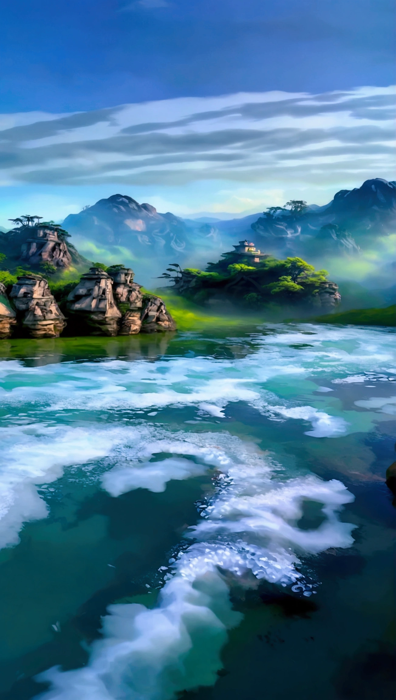 Taking photos in the creek，The stream is clear and flowing，Like the mountains in Zhangjiajie，Mountain tops shrouded in mist，Looming，Sunlight on the mountains，Like a Chinese ink painting，Clear tones
