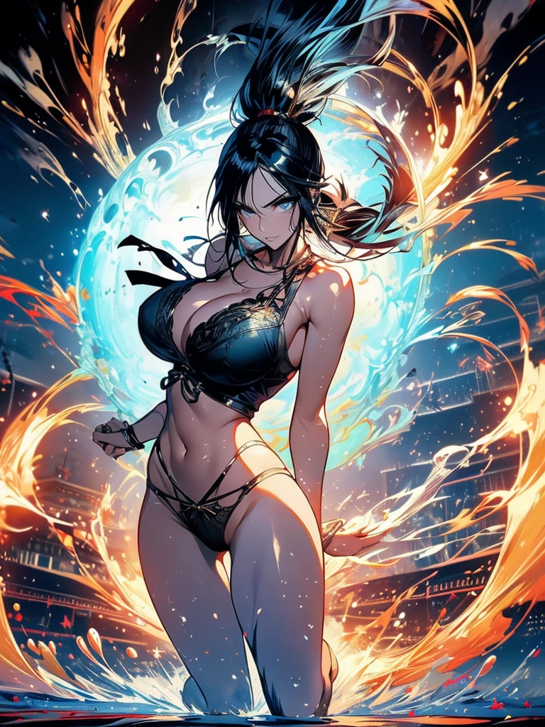 (Nico Robin), (One Piece), highest quality, (masterpiece:1.2), alone, open your mouth, smile, black hair, blue eyes, (huge breasts), (black lingerie), standing, looking at viewer, full body, from the front, cleavage, ((arms behind back)), (black background), particles, glowing particles, sparks, 

