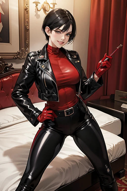 A muscular mature woman with short black hair is wearing a black leather jacket, black patent leather leggings, red patent leather gloves, red patent leather boots and a whip in her hand, smiling in a hotel room at the back of town.