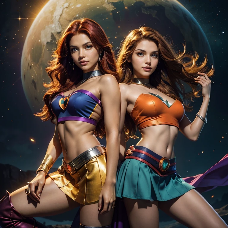 (​masterpiece, best quality:1.5), highest quality, High resolution, super detailed, Realists, Full body photo of 18-year-old Starfire from Teen Titans, detailed and beautiful green eyes, beautiful detailed lips, very detailed eyes and face, longeyelashes, additional eyebrows in the forehead area, Beautiful and colorful makeup, Fighting Pose, dark red hair, slightly orange skin, bright daylight, bright colors, fine brushstrokes, Portrait style, beautiful color palette, glowing skin, First-class rendering, that captures every detail, enchanting atmosphere, (perfect anatomy:1.2), (The two stunning Starfire wear a dark blue top with shoulder plate, silver skirt and dark blue overknee boots.Animated series Teen Titans 2003, Starfire flies through the air,  Energy shines in her hands. She smiles with joy Panoramic view:1.2)