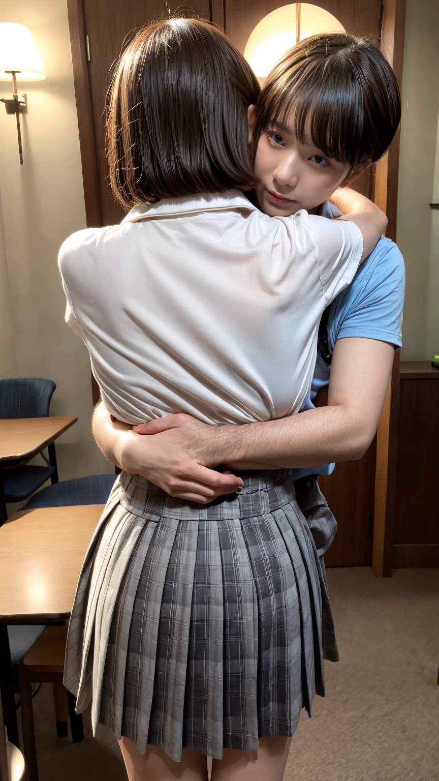 1 school girl being hugged from back by 1 man:1.2,close to each other:1.1), (man's hand touching her breast:1.1),very cute face,bob cut,School uniform,embarrassed,hotel room,perfect anatomy, masterpiece, best quality,8k,perfect face,from front,upper body