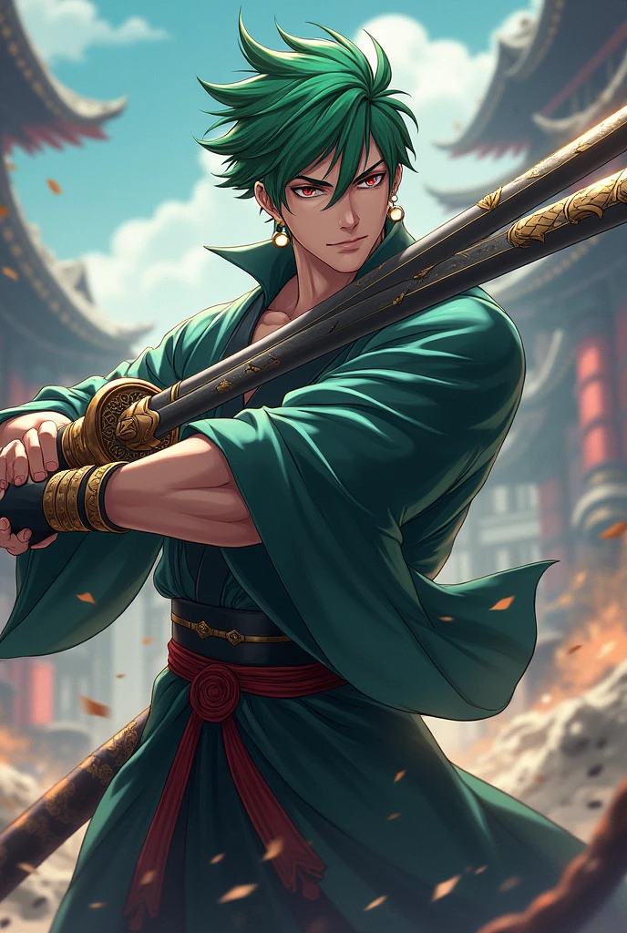 Argus Mobile Legend with green hair with scar on left eye, con 3 swords legendarias(3 swords)(unearth),kimono,Japanese,espadas legendarias Japaneseas,3 gold earrings,( Argus), Mobile legend, HD Illustrations, Handsome boy in Demon Slayer art, Badass Anime 8K, Art by Kentaro Miura, Okab Rintarou, pixiv, advanced digital anime art ”, High quality fanart, Fan Art, from Shitao, Kakyoin