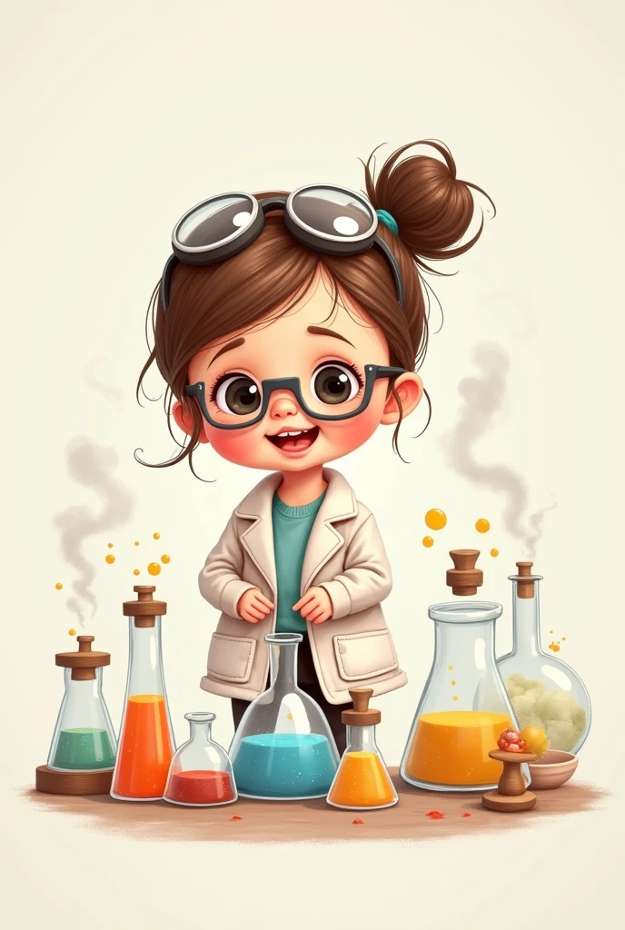 An illustration of a little baby girl with test tubes and chemistry stuff, like a mini crazy but happy scientist. De forma astethic. How to draw without a background. In pastel colors