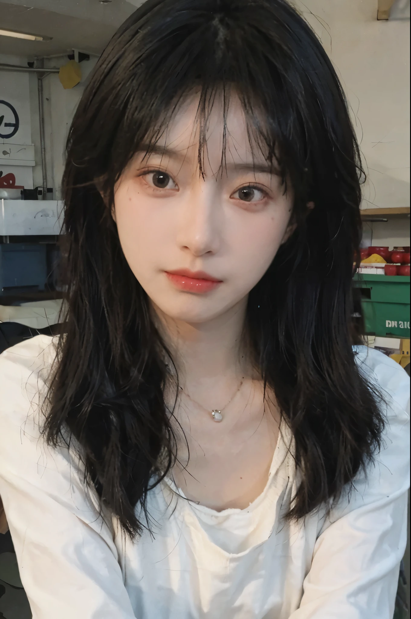 Best quality，Ultra-high resolution,(Realism:1.4)，Cute hairpins，girll,Cropped black sweater，Look directly at the audience，Full of atmosphere，Beautiful woman with a slim figure:1.4，supermarket，Super delicate face，Exquisite eyes，Double eyelids，necklace