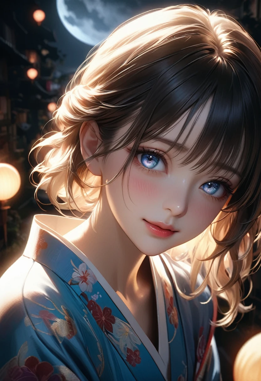 a beautiful girl in a vibrant kimono confessing her love under the light of a large full moon, her face flushed with nervousness and shyness, gazing up with large, captivating eyes, dramatic shadows and backlighting, (best quality,4K,8k,highres,masterpiece:1.2),ultra-detailed,(realistic,photorealistic,photo-realistic:1.37),dramatic lighting,stunning detailed eyes,extremely detailed face,flawless skin,long eyelashes,detailed lips,soft lighting,cinematic,romantic,emotional,radiant colors,glowing moon,dark night,reverse backlighting,underexposed,unreadable expression,moonlit aesthetic,dramatic shadows,looking directly at viewer,I've always loved you❤️,(shot from above:1.37), ずっとあなたのことが好きでした❤️, blush, A meaningful smile, Draw the moon high up, 