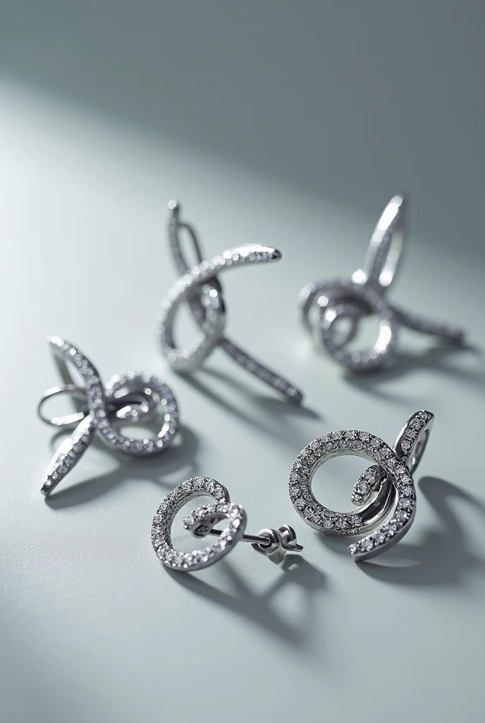 generate an image of jewelry especially earrings with an alternative, modern and youthful style with a gray background, it has to be silver jewelry, lets do it more youth focused and look professional as if it was going to appear in a tv commercial