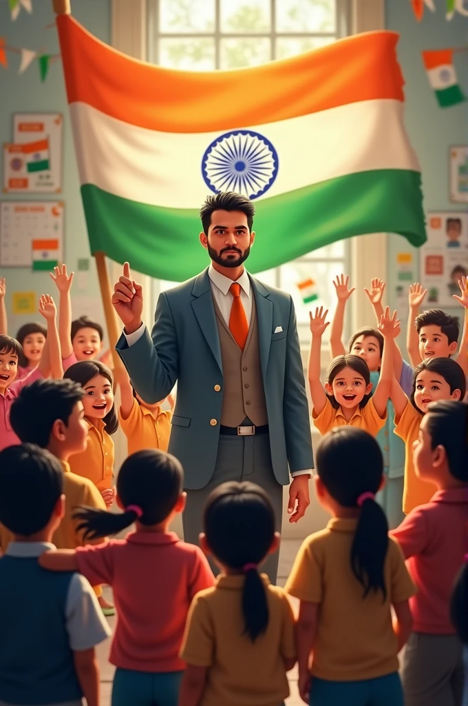 agast mein teacher bachcho ko tiranga ke utsav manate hue
