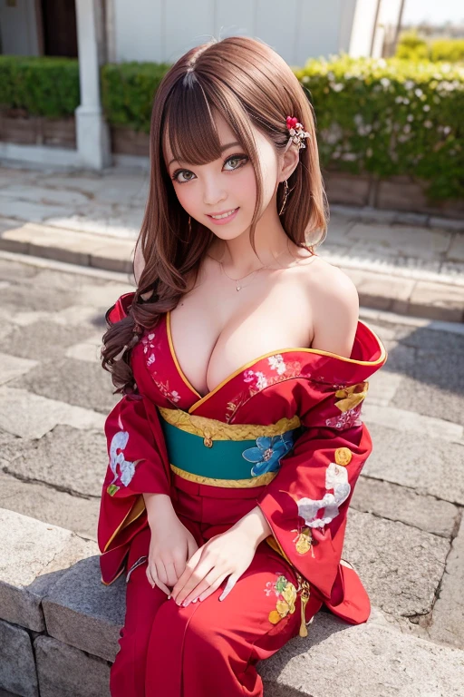 ((Hanbok、Hanbokコスチューム、Hanbokコスプレ、Hanbok装束、Hanbok衣装、Hanfu、Hanfuコスチューム、Hanfuコスプレ、Hanfu装束、Hanfu衣装、Old Chinese kimono、red、Gorgeous embroidery))、A person standing in the middle of the stone steps、Bob Hair、Medium breast、smile、masterpiece:1.3、Raw photo quality、Highest quality、Detailed Images、Detailed Background、Off the shoulder、Cleavage、Long raw legs、