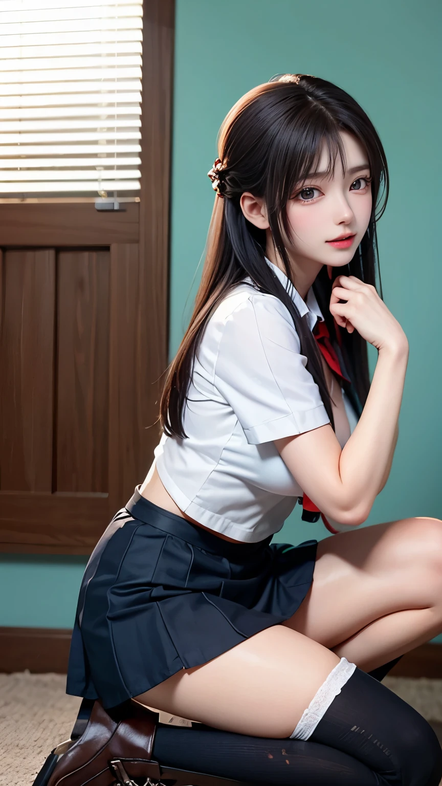 (Very delicate and beautiful:1.2)super model,,Big Breasts,Beautiful breasts,voluptuous,【bike shorts】,,【3girls】,,Highest quality, High resolution, 8k,mini skirt,uniform,Blonde.boots