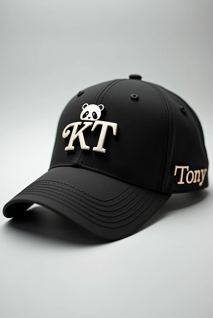 A cap that has the metal initials KT and a silhouette of a baby panda bear as a logo and on one side of the cap has a Tony