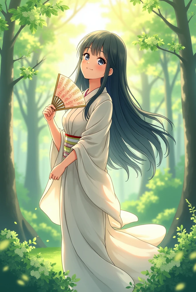 in the forest, nature, happiness, ephemeral, beautiful, Transparency, , neutral, high resolution, Black Hair, Droopy eyes, whole body, Delicate line drawing illustration, exposure, Japan anime, Smiling woman, smile, yukata, Fan, cool, summer