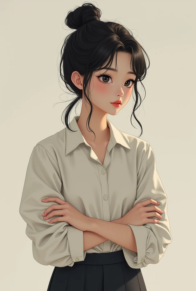 20 year old boy, offwhite, with dark hair tied in a loose bun on top of her head, black eyes, Standing with folded arms, lateralized body