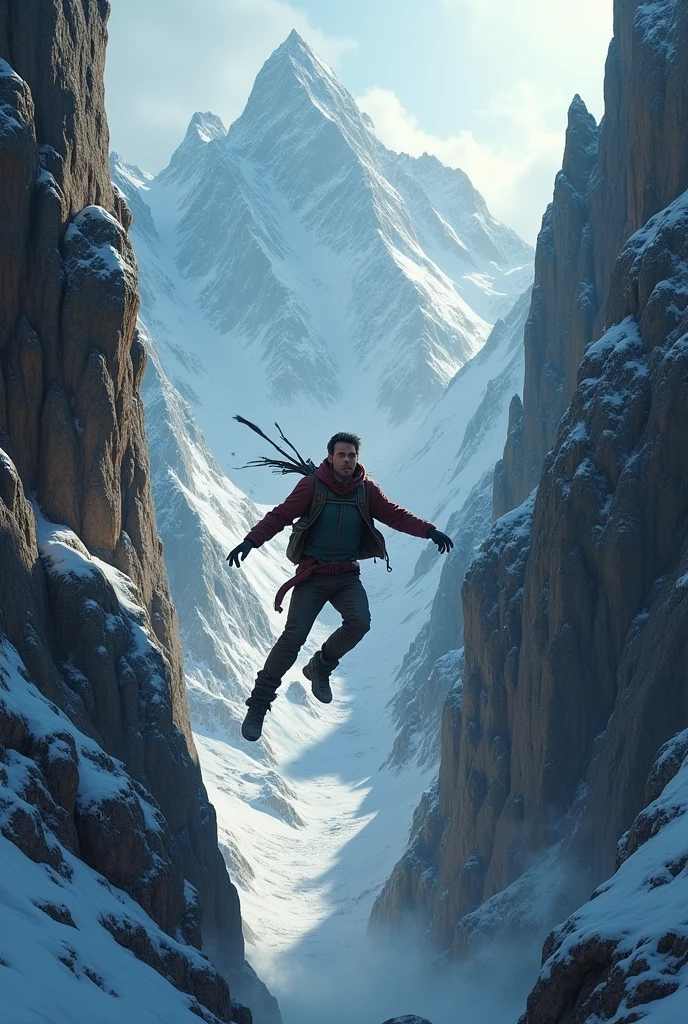 A man falling down from the mountains into a ditch