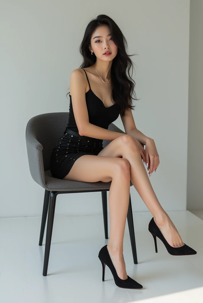 Beautiful Korean Beauty Mini Skirt High Heels Chair
