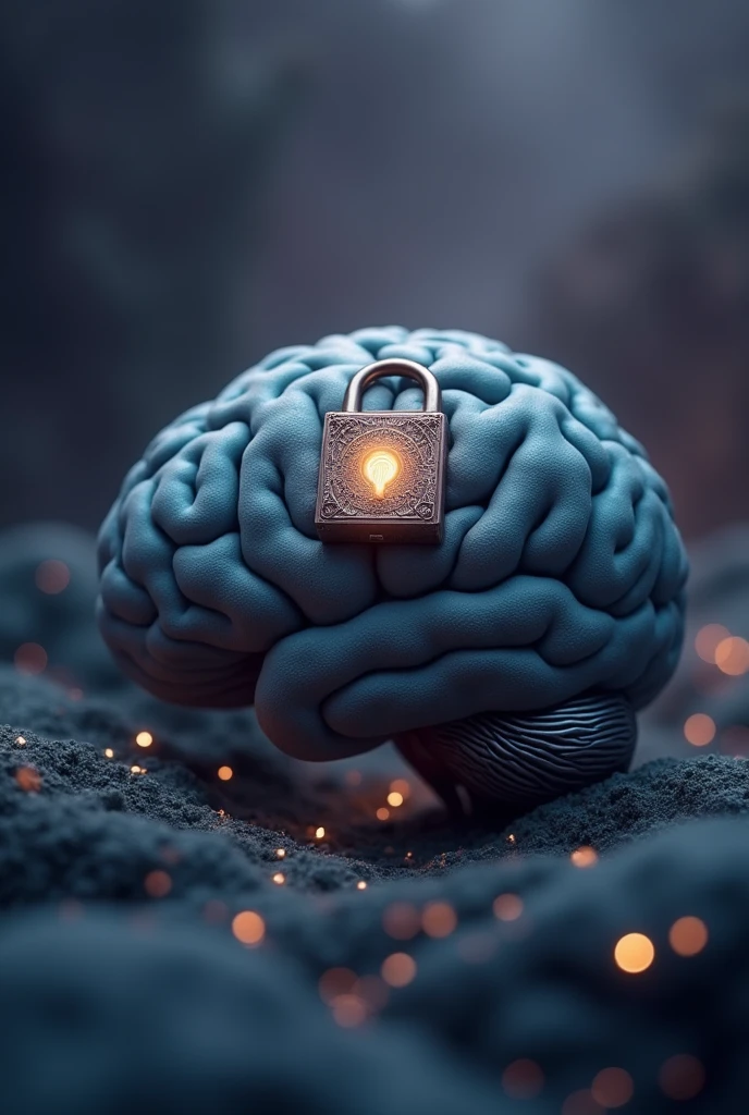 An image that captures the exact moment an intricately designed silver key approaches a lock located in the center of a human brain. The brain, represented in shades of blue and gray, has a realistic texture, highlighting its contours and details. The lock is old, with an aged finish, but it shines softly, as if it were about to be unlocked for the first time. Small particles of golden light float around the key, suggesting the activation of a new mental potential. The background of the image is hazy, with shades of purple and black, creating a mysterious environment that symbolizes the depth and unknown of the human mind.
