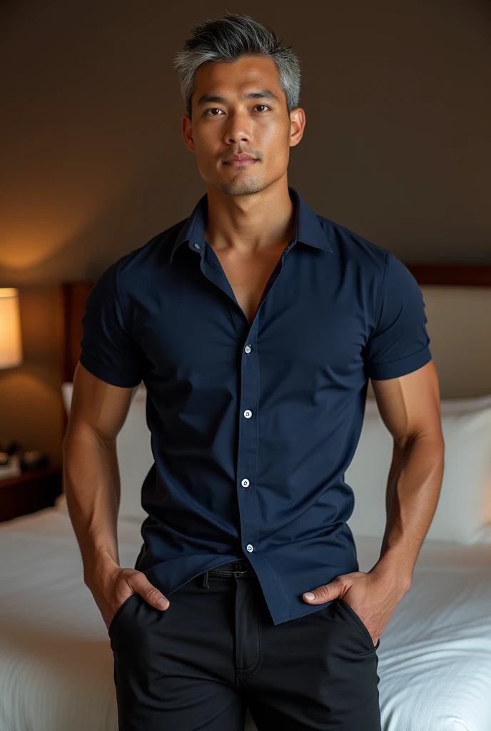 Gentleman asian ,tight chest muscles, super tight shirt, super tight pants, bulging crotch,(Best Quality,​master piece,High resolution,Photorealsitic,Raw photo:1.3),upperbody shot,(Solo),(Man:1.2),Look at the viewer,(Gray hair mixed:1.2),(Navy Blue Collar Shirt),(extra short hair:1.2),(Asian,modeled:1.3),(Handsome:1.2),35 years old,In a luxury hotel room in Europe