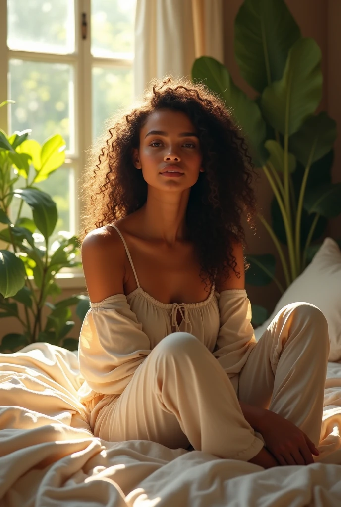 (photorealism:1.2), beautiful woman, sitting on bed, wearing loose off-shoulder top, pajama pants, long curly hair, indoors, soft lighting, plants in background, window with sunlight, cozy room, relaxed pose, realistic, intricate details, warm colors, by Greg Rutkowski, by Alphonse Mucha