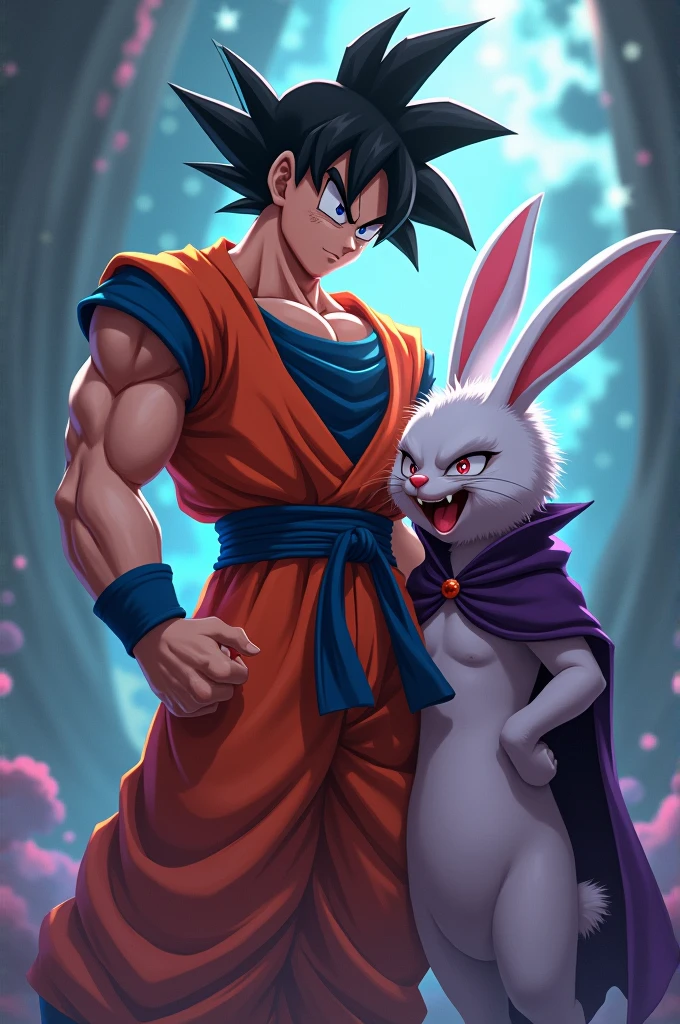 Image of goku taking a photo with bunikula the vampire rabbit 