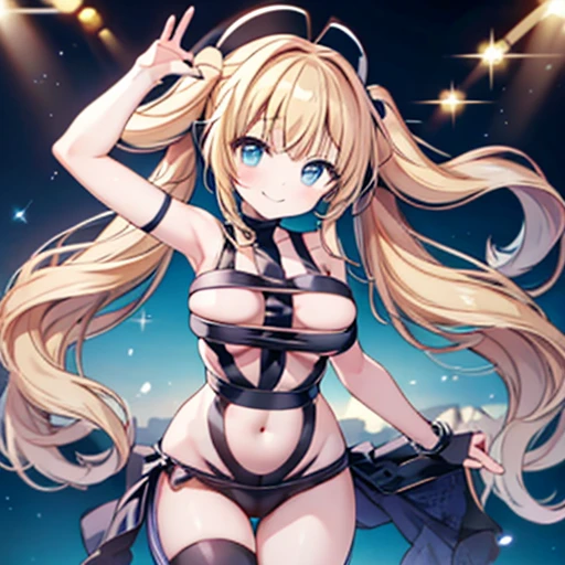 masterpiece,highest quality,Valley Haze,cute,beautiful hair,beautiful bust,beautiful hips,hot limit costume,Healthy bare skin,big breasts,well-shaped chest,Sea stage,sing with a smile,1girl girl,twintailshair,cute,coastal