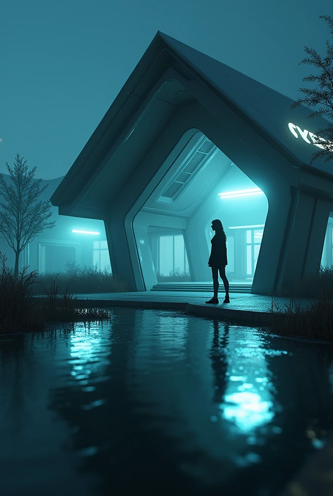 A close-up of the high-tech house, shining with a disturbing light is a woman