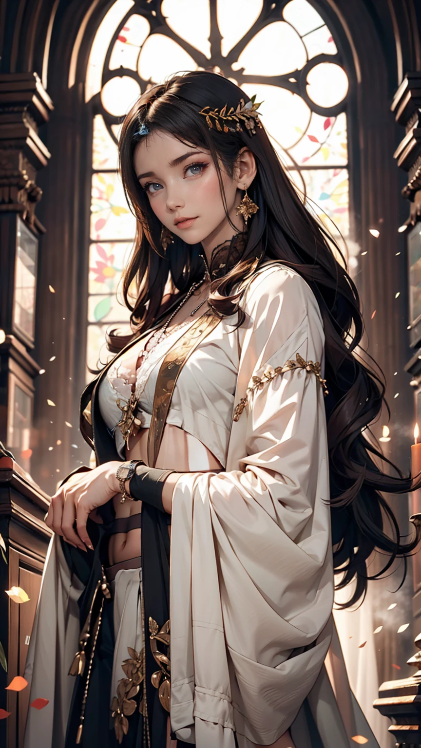 God's Embrace、24-year-old woman、Attractive Young Woman, (Beautiful Face:1.1), Detailed eyes, Seductive lips, (eye make up:1.2), (Medium chest:1.0), (Toned body:1.2), Sexy proportions、Narrow waist、Cropped tops((crop top))Midriff jacket on top((midriff jacket))、Low-rise mini pleated skirt、Lace-up sandals、Put one hand on your hip