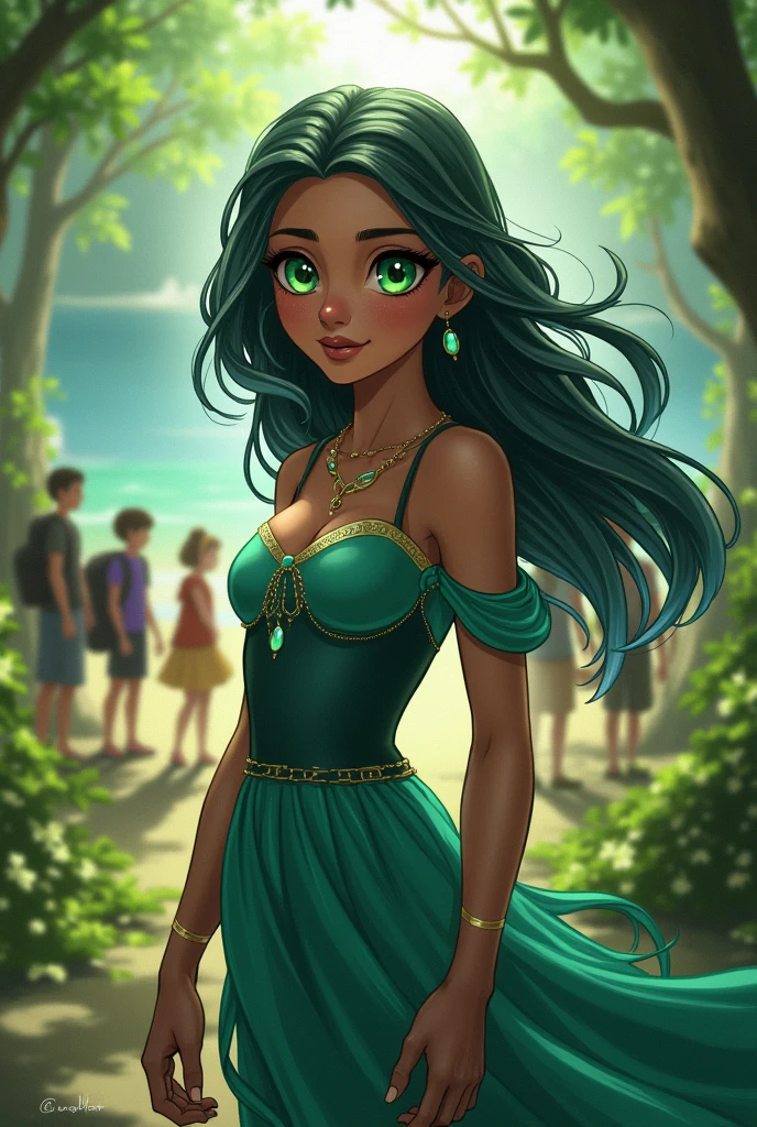 A beautiful girl, green eyes like the sea, flowing hair, a beautiful daughter of Poseidon, is in the camp half blood with her brother Percy Jackson and all his friends