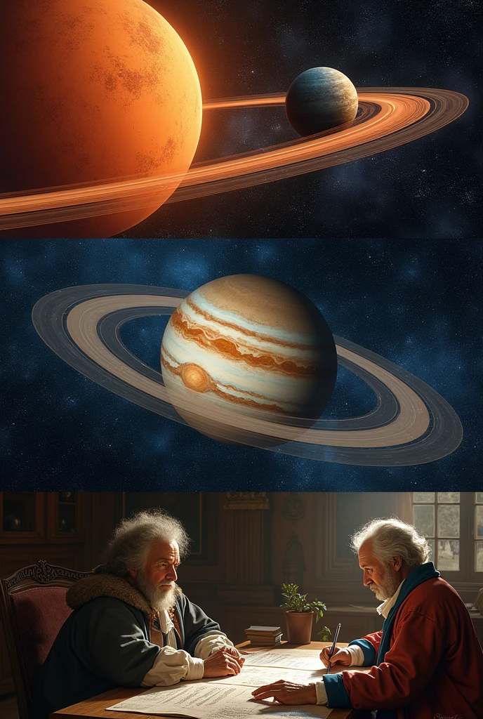 Three images: One with the elliptical orbit of Mars and Kepler's laws, another with Galileo observing through his telescope and the satellites of Jupiter, and another with Newton writing the laws of dynamics and gravity.