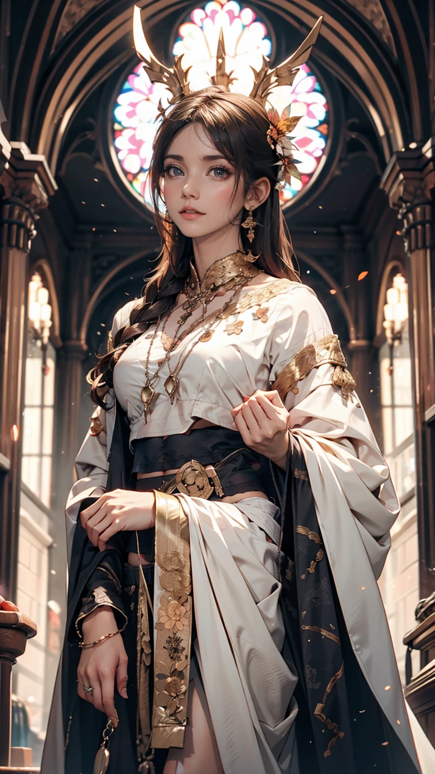 God&#39;s Embrace、24-year-old woman、Attractive Young Woman, (Beautiful Face:1.1), Detailed eyes, Seductive lips, (eye make up:1.2), (Medium chest:1.0), (Toned body:1.2), Sexy proportions、Narrow waist、Cropped tops((crop top))Midriff jacket on top((midriff jacket))、Low-rise mini pleated skirt、Lace-up sandals、Put one hand on your hip