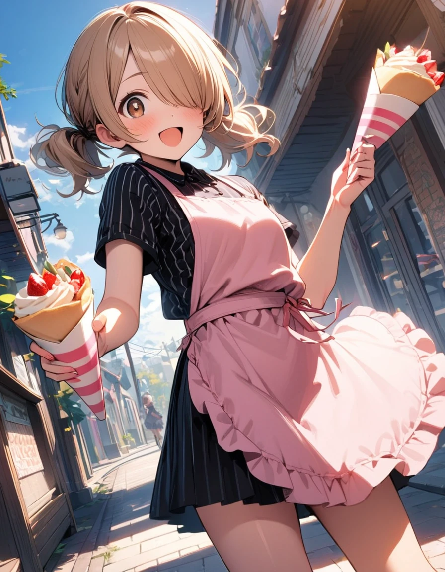 1 idol,solo,16yo,amazing quality, aesthetic, aesthetic,ultra-detailed face,detailed eyes,round eyes,brown eyes,milktea beige hair,hair over one eye,short twin tail hair,vertical stripes pattern Multicolor Short sleeves Shirt,Tight skirt,pink apron,(holding a crepe from Harajuku that is an inverted triangle with a circle on top),happy,Looking at viewer,Blue sky,Hands out the door of a wagon-shaped crepe shop,rim light,Dynamic angle,highly detailed illustration,masterpiece,8K,top quality,Beautiful detailed background
