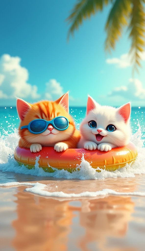 Two cute cats, One is bright orange、The other one is white、He has blue goggles on his head, Floating on a swim ring at the beach, Laughing happily, In bright colors, Clear details, Natural light, Active movement, Summer atmosphere, Water waves splash all around, High saturation, Warm tones, Wide-angle lens, Water sports career.A humorous and quirky scene featuring a fluffy cat trying to eat a high-performance blender as if it's a delicious treat. The cat, with its soft, fluffy fur and a determined yet slightly confused expression, is biting down on the blender's glass jar or the base, treating it like a snack. The blender is slightly exaggerated with cartoonish features, making it look even more irresistible to the cat. The cat's eyes are wide with curiosity, and its paws are gripping the blender as it tries to figure out why this 'treat' isn't cooperating. The overall atmosphere is lighthearted and funny, capturing the cat's playful and quirky behavior in a delightful way.