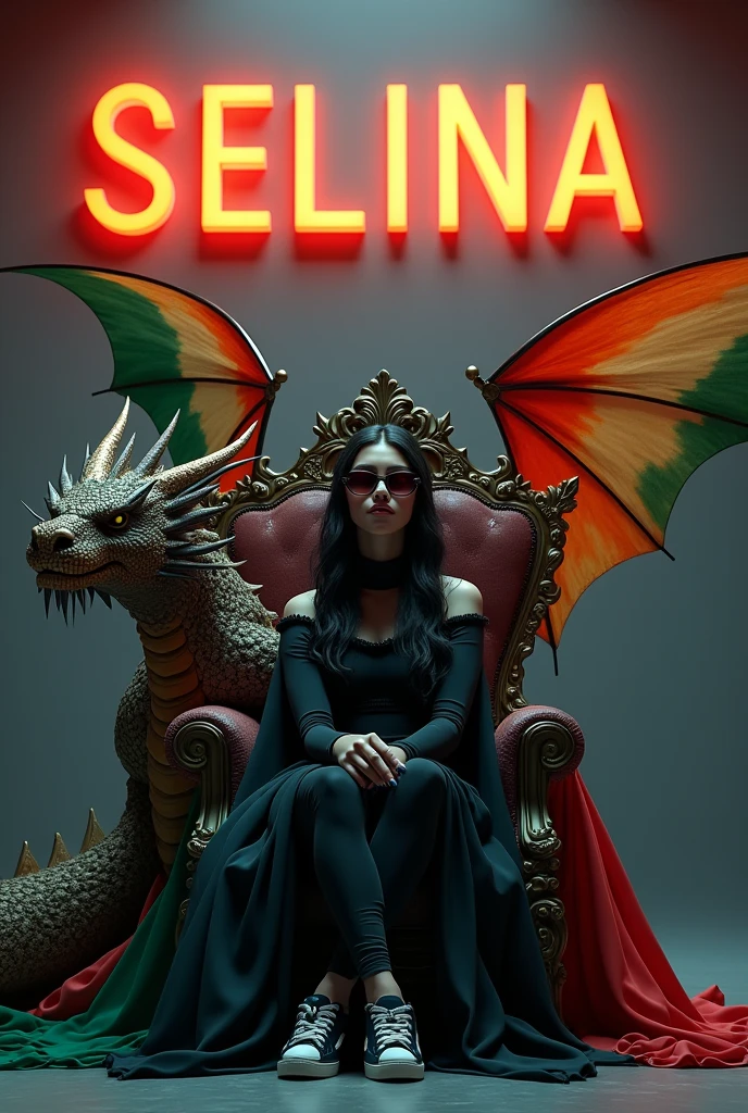 Illustration A 18 year old young girl wearing a black Räkéß and sneakers, and black sunglasses sits on a King of Beasts throne with an Indian flag in hand. A ferocious dragon is next to him, and he has Indian tricolor wings. ‘SELINA‘ is written in large orange neon lights on a dark gray wall in the background. Create a 3D illusion profile picture in