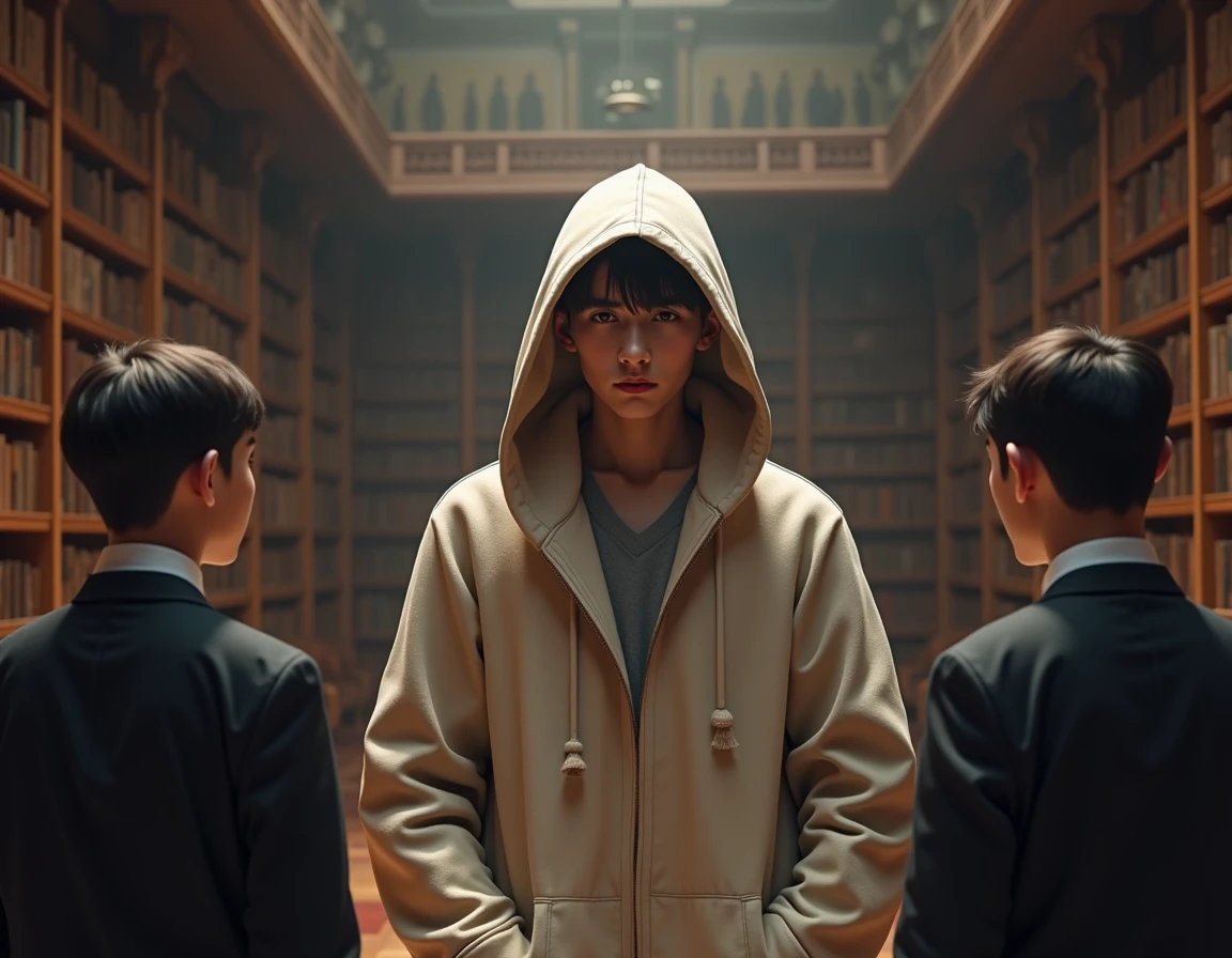 , (highest quallity、tabletop、8k、best quality image、Hyper-Realism) male teenager, wearing a hooded coat on his head, offwhite, Ablaze, looking at two men, Grieving, in a library