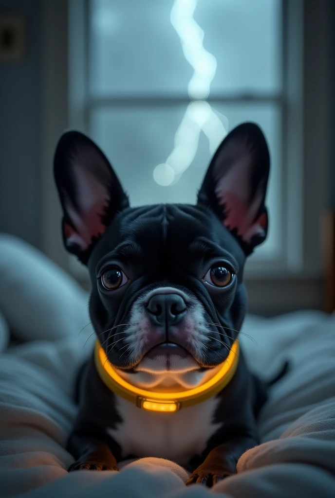 there is a small black and white dog wearing a yellow collar, closeup of an adorable, sad look, under bed, with a white muzzle, stares at the camera, looking up at the camera, window above it with rain and lightning, french bulldog, looking directly at the camera, beautiful face!