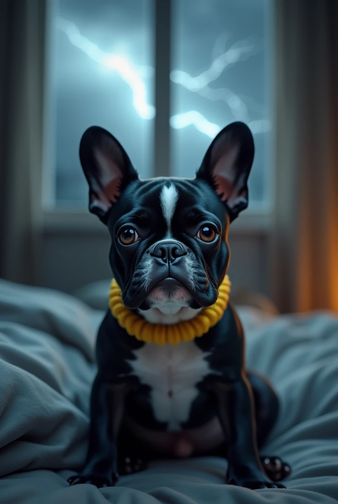 there is a small black and white dog wearing a yellow collar, closeup of an adorable, sad look, under bed, with a white muzzle, stares at the camera, looking up at the camera, window above it with rain and lightning, french bulldog, looking directly at the camera, beautiful face!