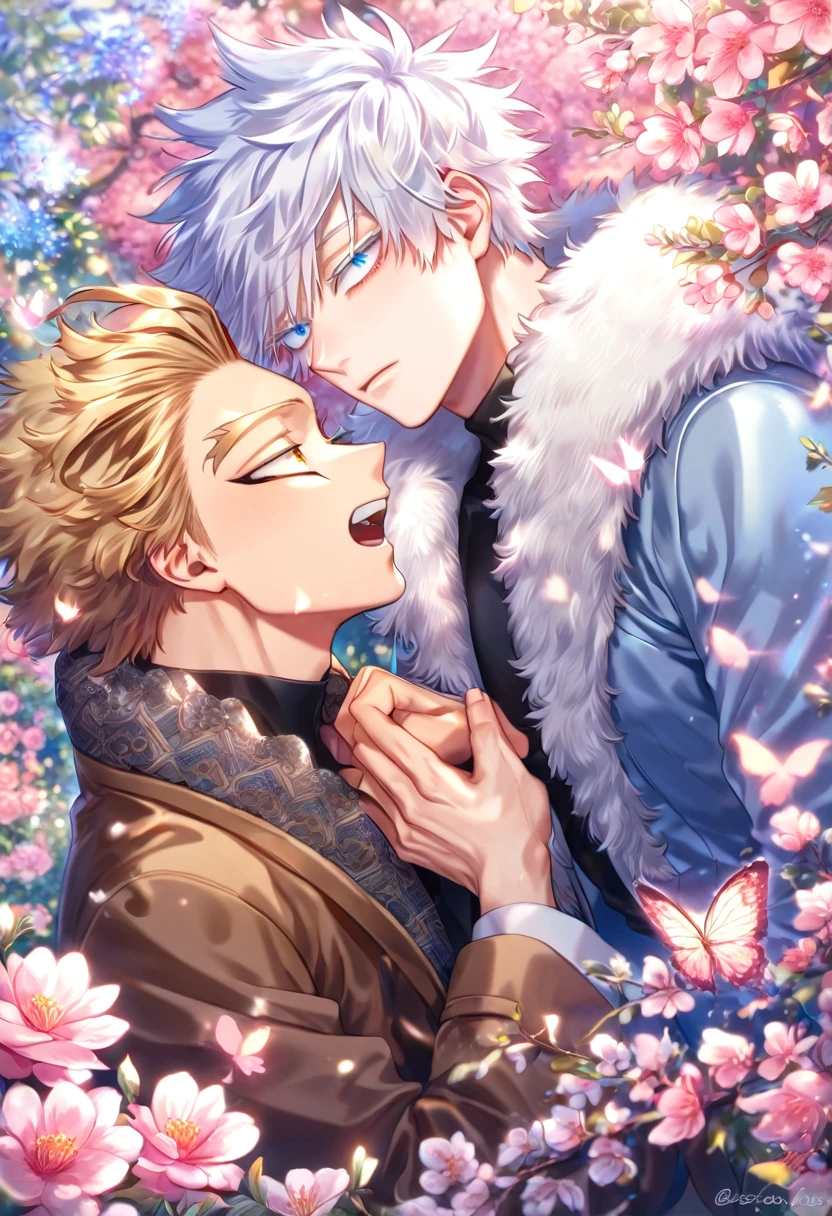 absurdres, highres, ultra detailed, HDR, master piece, best quality, extremely detailed face, delicated features, Hawks, ash-blonde hair, expressive golden brown eyes, Boku No Hero Academia, Gojou Satoru, white hair, expressive blue eyes, white eyelashes, two sexy men together, yaoi, gay couple, handsome, light-blue coat with fur collar, brown coat with fur collar, black tight shirt with patterns, fantasy, magical, pink butterflies, spring, pink leaves, pink flowers, water, garden