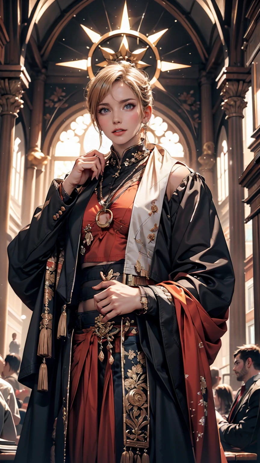 God's Embrace、24-year-old woman、Attractive Young Woman, (Beautiful Face:1.1), Detailed eyes, Seductive lips, (eye make up:1.2), (Medium chest:1.0), (Toned body:1.2), Sexy proportions、Narrow waist、Cropped tops((crop top))Midriff jacket on top((midriff jacket))、Low-rise mini pleated skirt、Lace-up sandals、Put one hand on your hip