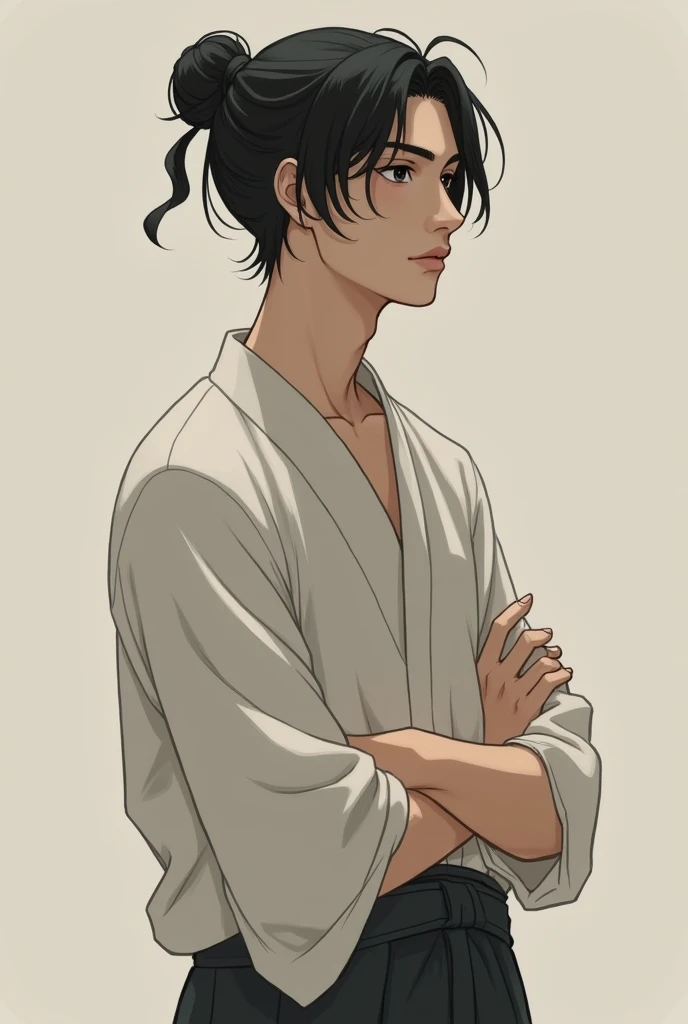 20-year-old male, offwhite, with dark hair tied in a loose bun on top of her head, black eyes, Standing with folded arms, lateralized body