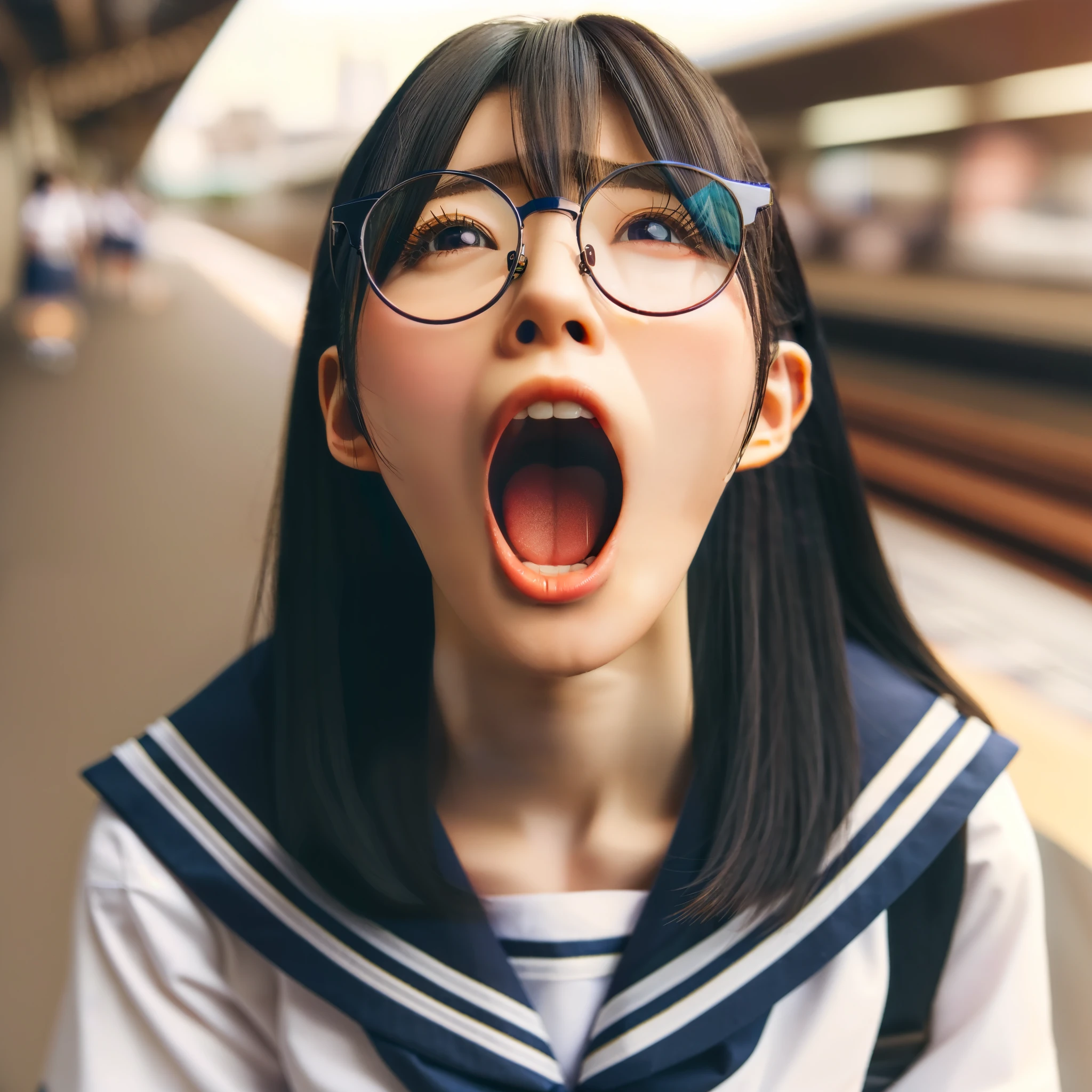 There is a young woman wearing glasses and a sailor suit.., Real life anime girls, Photorealistic Animation, Ultra realistic anime, Surreal , Evocative expression, Surreal , Beautiful anime school girl, 3D Anime Real, Realistic Anime 3D Style, Portrait of a Japan teenager, realistic young anime, Anime Cosplay, Perfect expression, Makes the mouth bright and clear