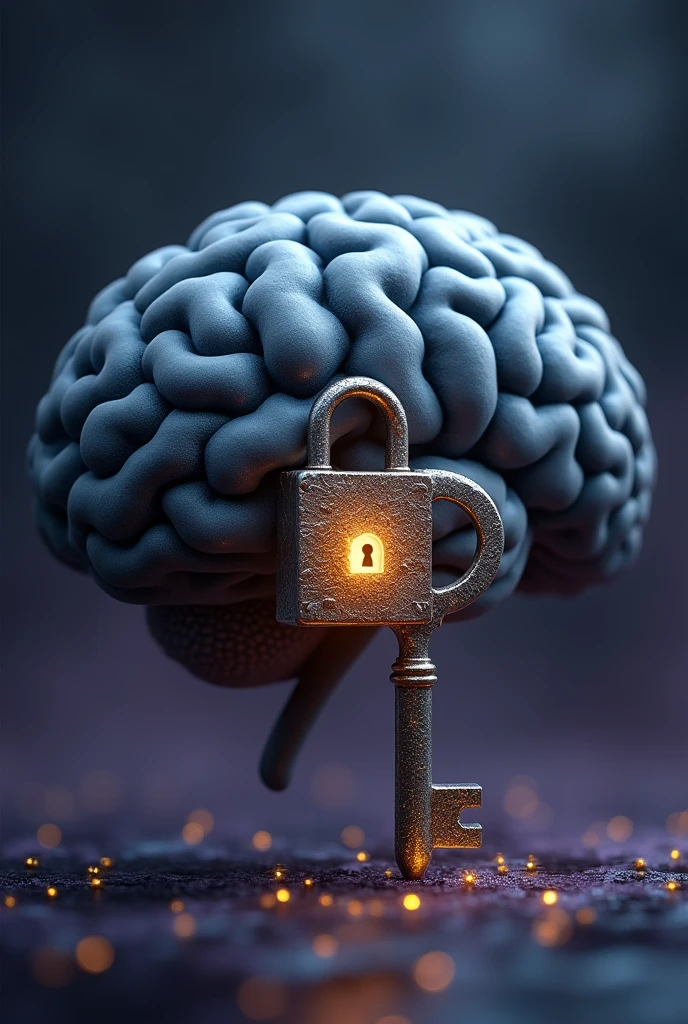 An image that captures the exact moment an intricately designed silver key approaches a lock located in the center of a human brain. The brain, represented in shades of blue and gray, has a realistic texture, highlighting its contours and details. The lock is old, with an aged finish, but it shines softly, as if it were about to be unlocked for the first time. Small particles of golden light float around the key, suggesting the activation of a new mental potential. The background of the image is hazy, with shades of purple and black, creating a mysterious environment that symbolizes the depth and unknown of the human mind.
