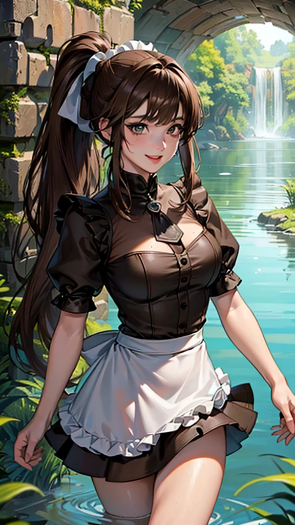 ((masterpiece, highest quality, High resolution, Hmm, Pixel perfect, Depth of written boundary, 4k, RTX, HDR))), 1 Girl, single, alone, Beautiful Anime Girls, Beautiful art style,anime character, ((Long Hair, bangs, brown hair, ponytail:1.5)), (Green Eyes:1.4, Round eyes, Beautiful eyelashes, Realistic eyes), (Detailed face, ), (Smooth texture:0.75, Realistic texture:0.65, Realistic:1.1, Anime CG Style), Medium breast, (Perfect body ,(maid dress, mini skirt,), mini skirt, smile, Filmed in a tunnel, Submerged in water