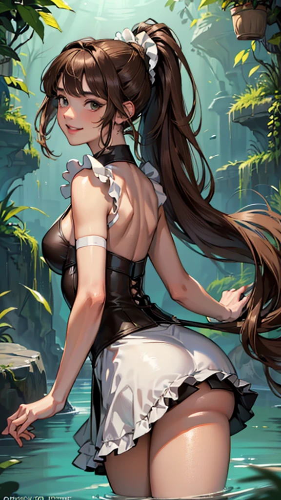 ((masterpiece, highest quality, High resolution, Hmm, Pixel perfect, Depth of written boundary, 4k, RTX, HDR))), 1 Girl, single, alone, Beautiful Anime Girls, Beautiful art style,anime character, ((Long Hair, bangs, brown hair, ponytail:1.5)), (Green Eyes:1.4, Round eyes, Beautiful eyelashes, Realistic eyes), (Detailed face, ), (Smooth texture:0.75, Realistic texture:0.65, Realistic:1.1, Anime CG Style), Medium breast, (Perfect body ,(maid dress, mini skirt,), mini skirt, smile, Filmed in a tunnel, Submerged in water