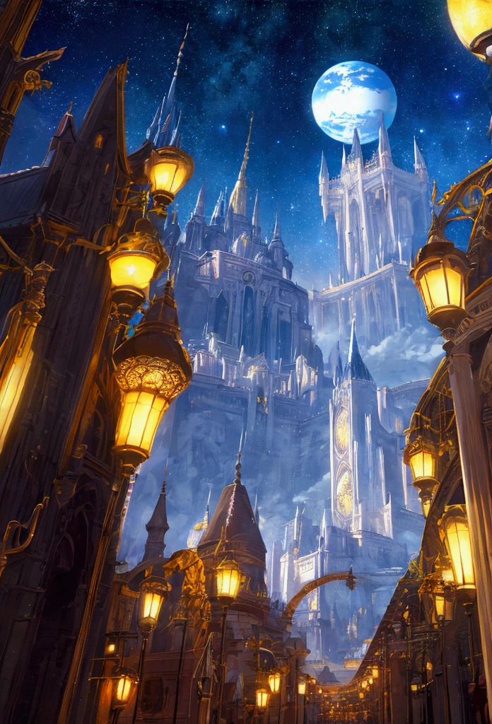 Fantasy world with night view and planets in the sky