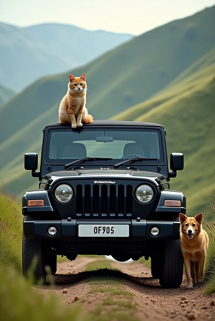 Black Mahindra Thar car , dirt car , hills background, cat on hood , for phone wallpaper,dog standing next to car wheel, 0505 number on licence plant 