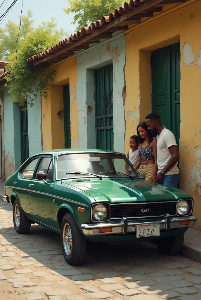 Image of dark green Chevette car in front of old house and cobblestone street in northeastern Brazil. Couple, white woman, black man leaning on car with 4 year old son. Painting in the impressionist style