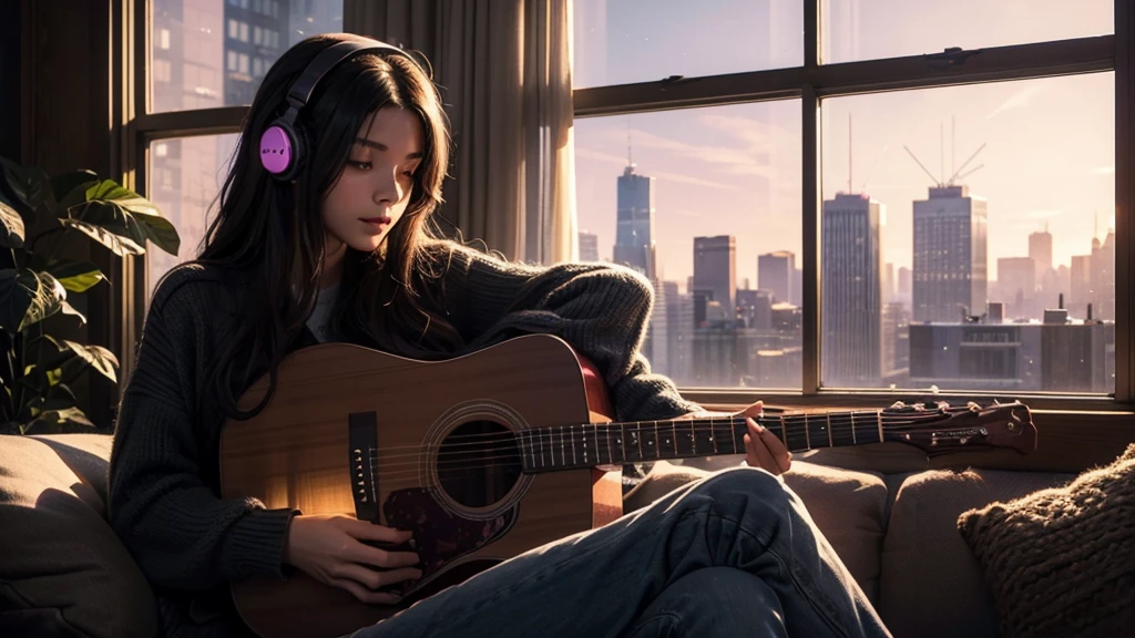 A high-quality, detailed illustration of a young woman, wearing large over-ear headphones. She is sitting on a cozy sofa, gently practicing guitar. The setting is a dimly lit room with a warm, calm ambiance, featuring soft, dark tones. The room is decorated with a few plants that add a touch of nature. A large window shows a cityscape with various colored lights from nearby buildings, creating a peaceful, contemplative atmosphere perfect for lo-fi music. Soft purple neon signs glow subtly in the background. The overall mood of the image should be relaxed and soothing, with smooth lines and a soft, muted color palette, avoiding overly bright or harsh tones