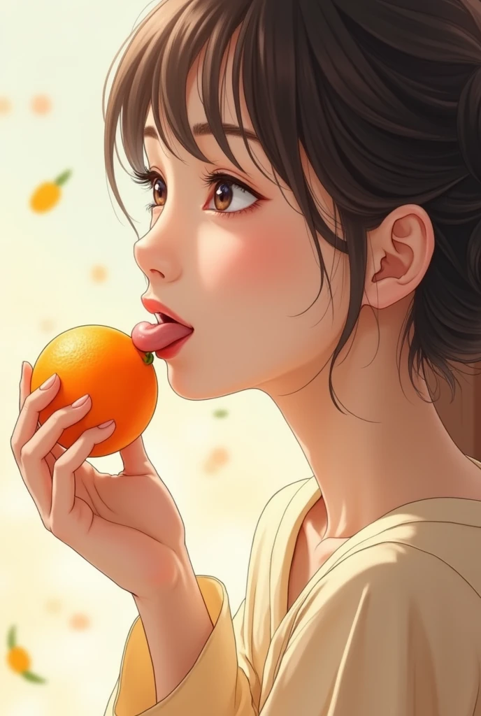 Japanese woman eating a mandarin orange with her tongue out Oblique angle profile