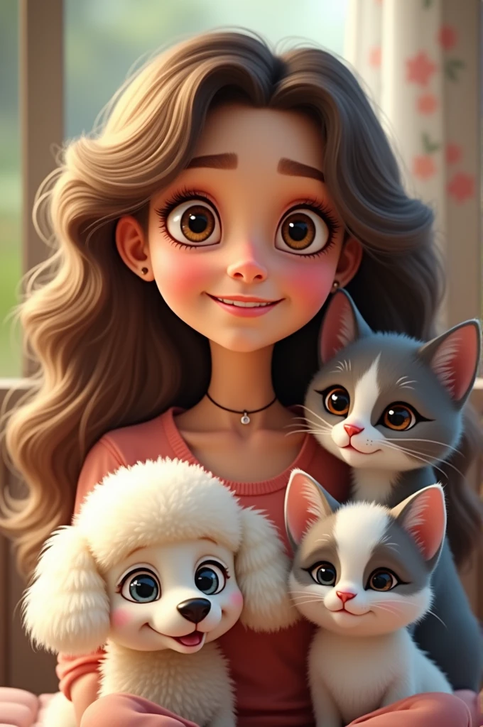 Photo of me a white girl with brown wavy hair, big eyes, mouth a little medium and a little chubby, with a slightly wide forehead, Neck a little short and with medium texture with a white but flat poodle, a gray and white cat and a white chihuahua with a brown pirate eye, all animated style
