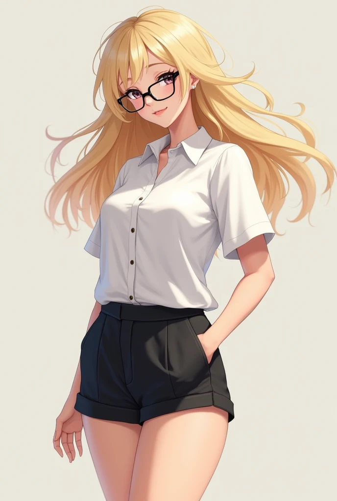 Female character with wide blonde hair, short school shirt, short black shorts, black glasses, white skin 