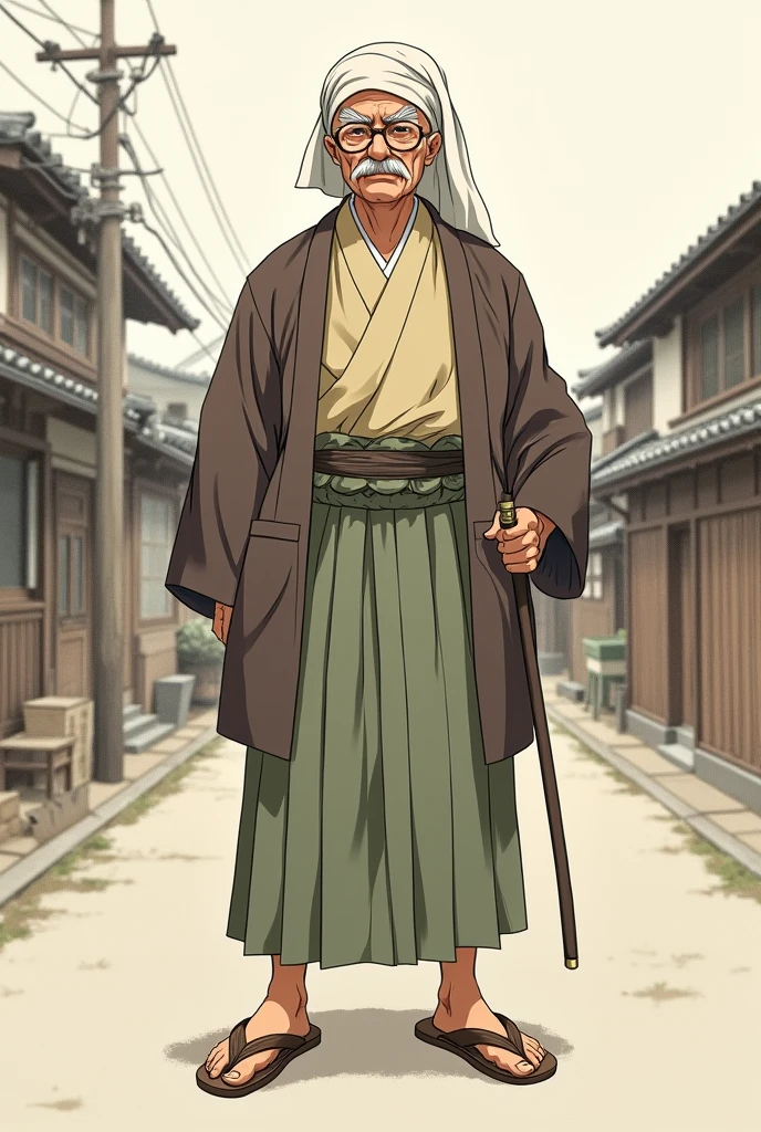 In this illustration、It depicts a stylish old man from Edo.。The old man looked a little stubborn.、He has short white hair and a mustache.。A hand towel is wrapped around the head in Edo style.、She is wearing a kimono and haori in a subdued color scheme.。On my feet I wear sandals.、From the way he stands, you can sense his experience and confidence in his life.。On the grandfather's back、With the style that comes from years of experience、There is a warmth of humanity somewhere.。In the background、The Edo townscape and wooden houses are lightly depicted.、It enhances the daily life of the grandfather。overall、It expresses the stylish and lively atmosphere of the Edo period.。